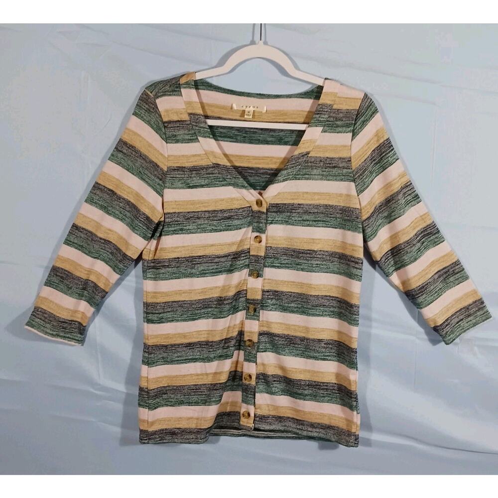 Cyrus Top Womens Medium 3/4 Sleeve Multicolor Striped Button Up Cardigan Sweater